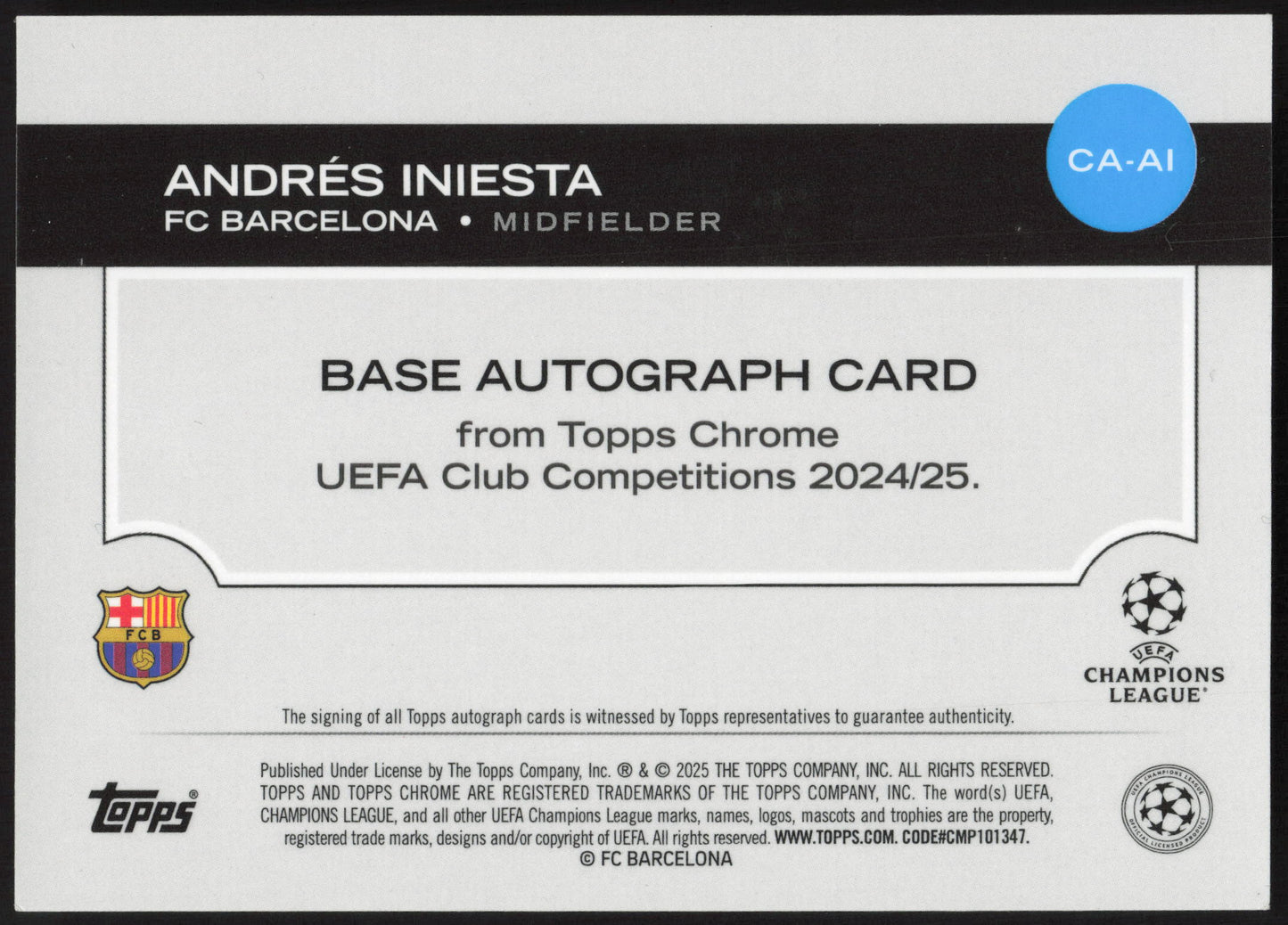 Topps Andres Iniesta Autograph 16/50 CA-AI Chrome UEFA Club Competitions 2024/25