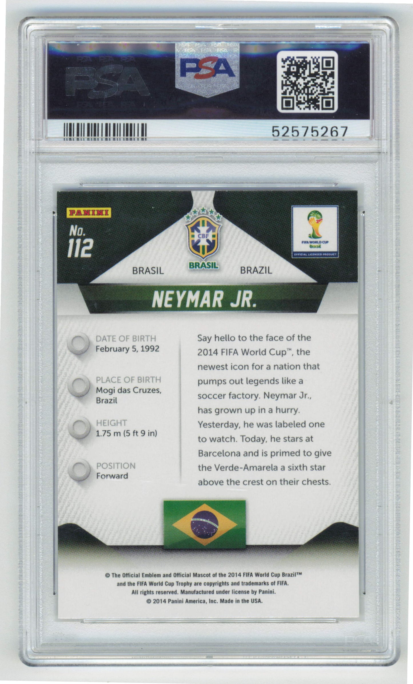Panini Neymar Jr. #112 Parallel 2014 Prizm World Cup PSA 10