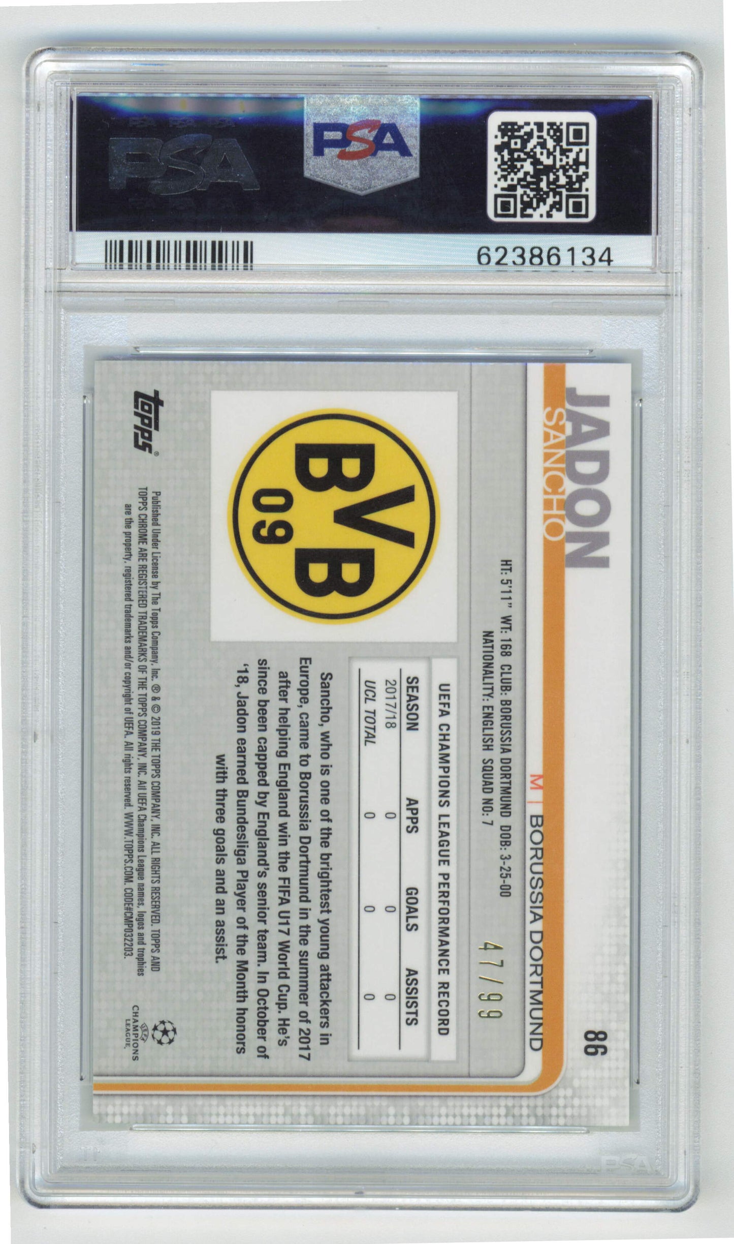 Topps Jadon Sancho 47/99 Green Refractor #86 2018 Chrome UEFA Champions League PSA 9