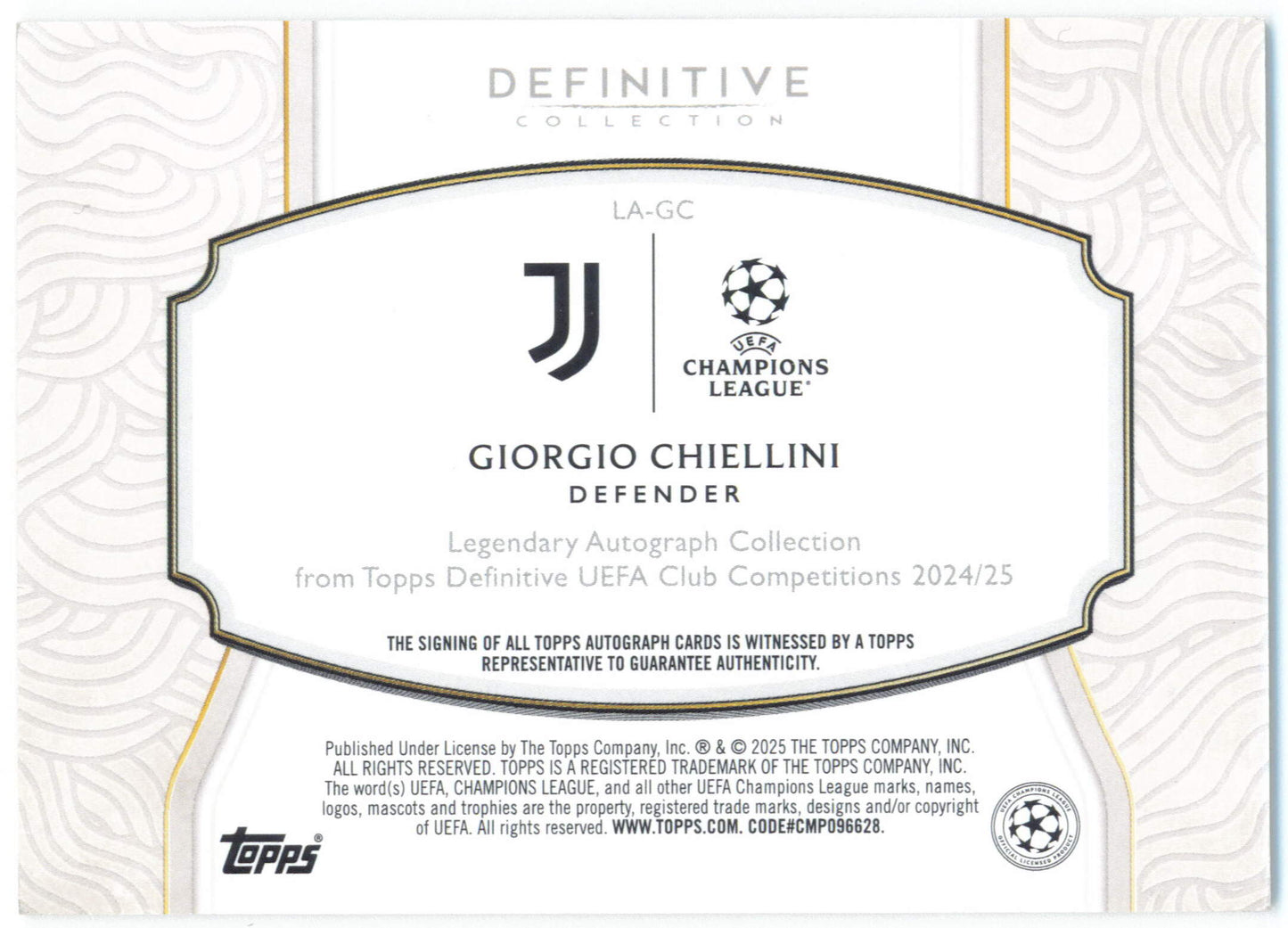 Topps Giorgio Chiellini Legendary Autograph Collection 1/5 LA-GC Topps Definitive UEFA Club Competitions 2024/2025
