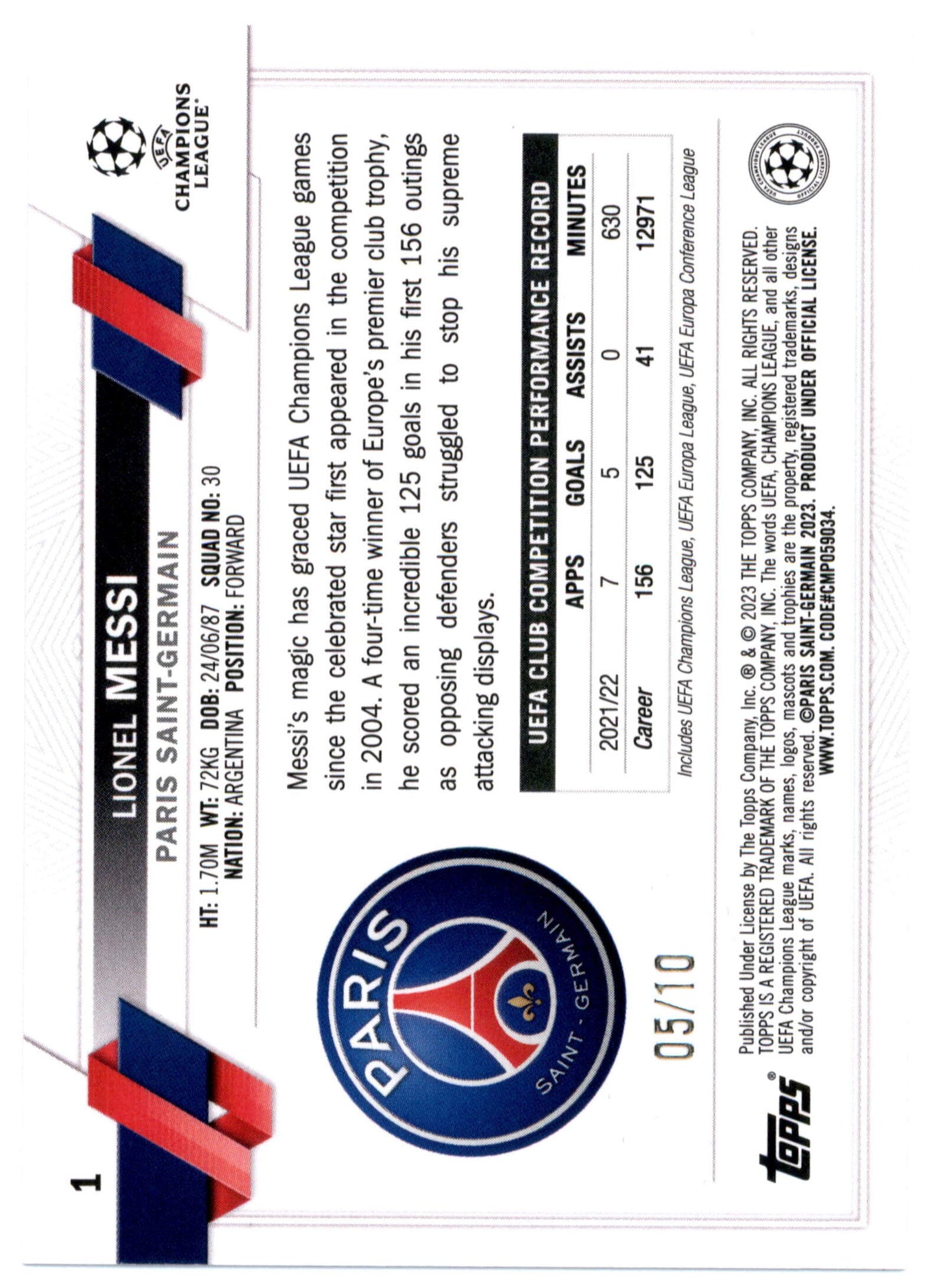Topps Lionel Messi 5/10 Black Ice #1 Chrome UEFA Club Competitions 2022/23