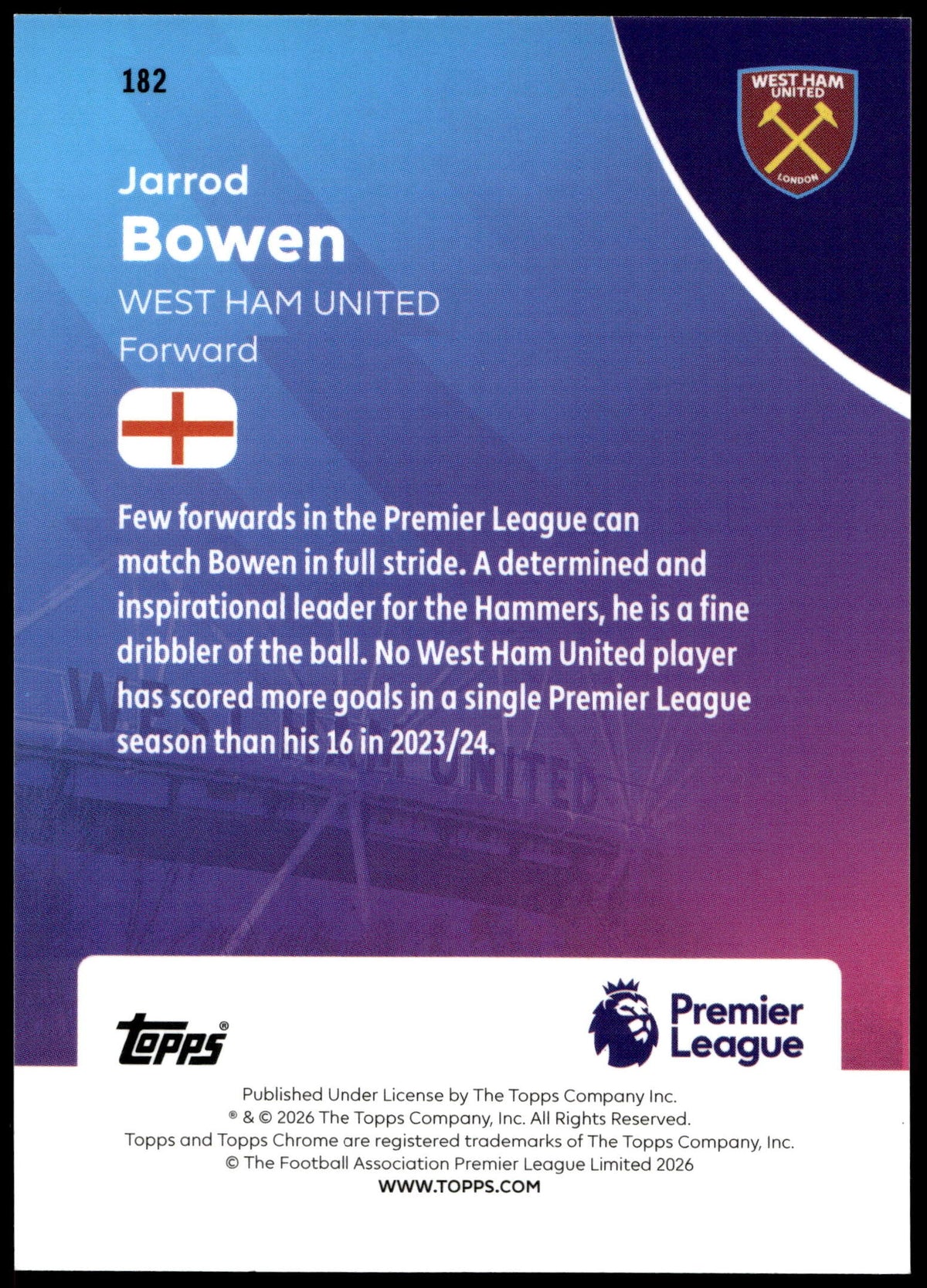 Topps Jarrod Bowen Red Refractor 1/5 #182 Chrome Premier League 2025/26