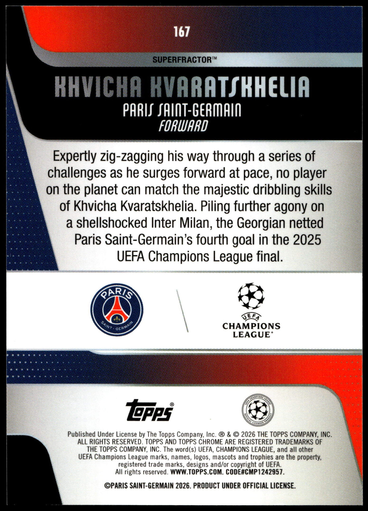 Topps Khvicha Kvaratskhelia 2/7 Purple Superfractor #167 2025-26 UCC Chrome