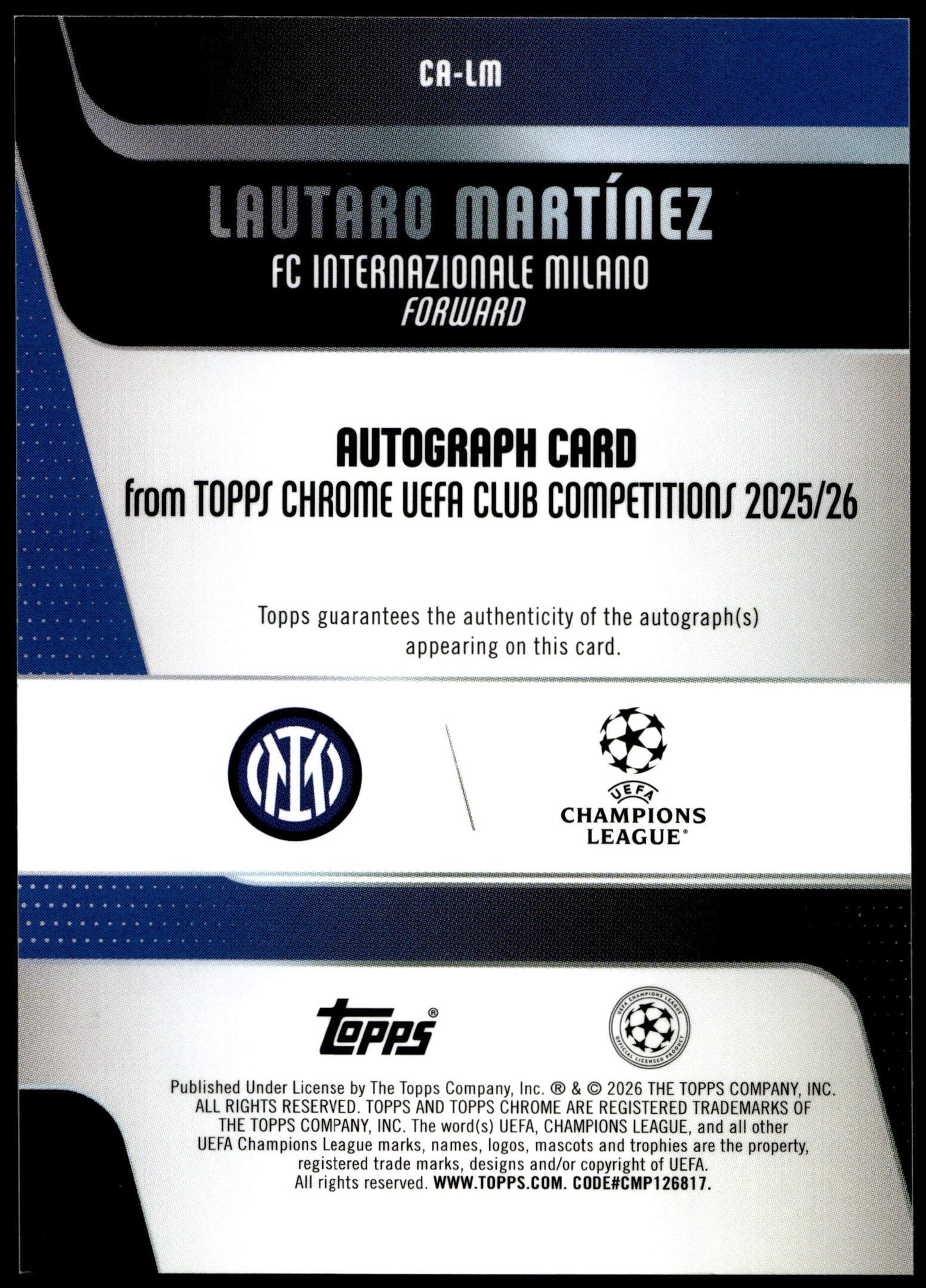 Topps Lautaro Martinez 05/10 Autograph Black CA-LM 2025/26 Chrome Uefa Club Competitions Logofractor