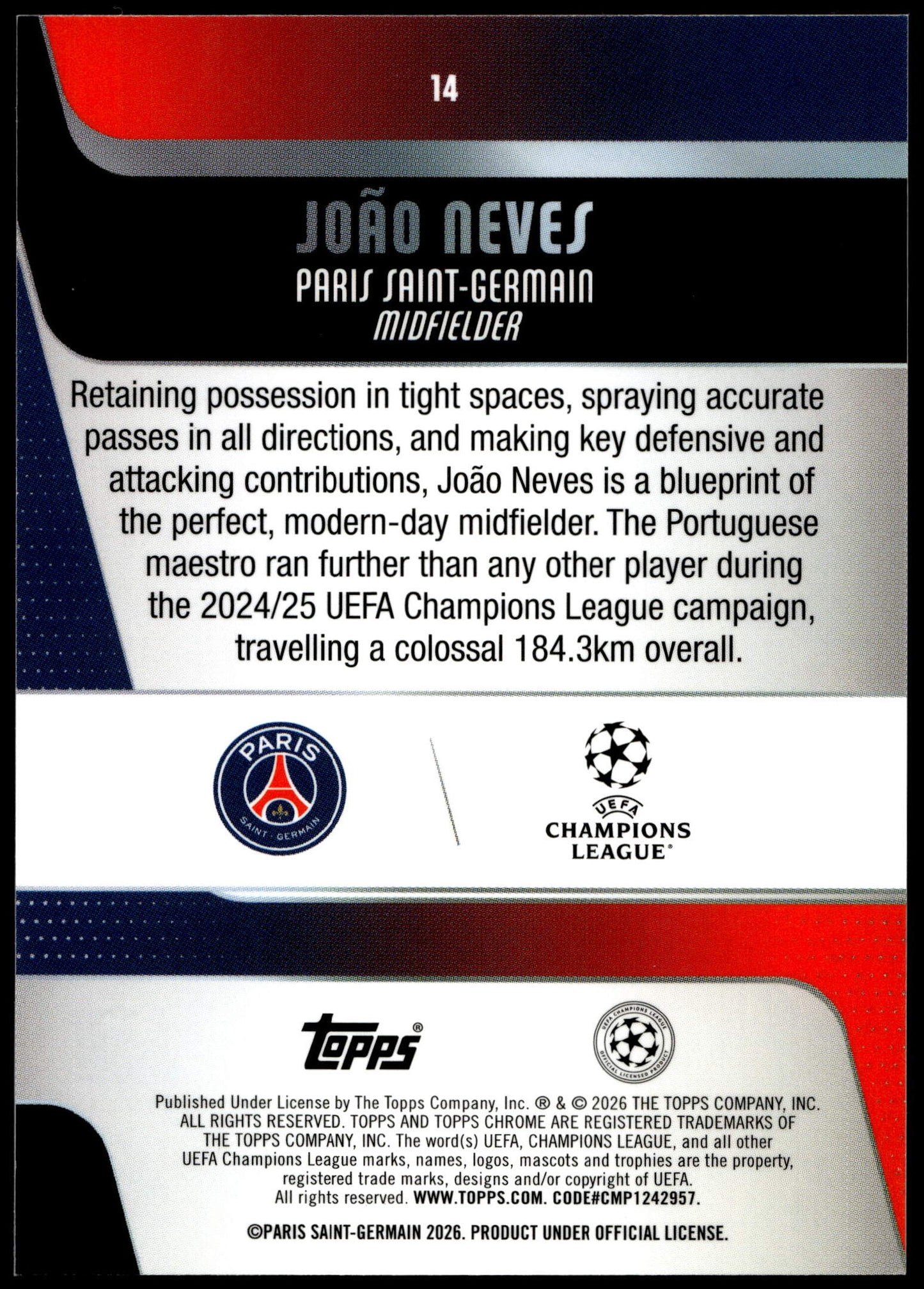 Topps Joao Neves 02/10 Black #14 2025/26 Chrome Uefa Club Competitons Logofractor
