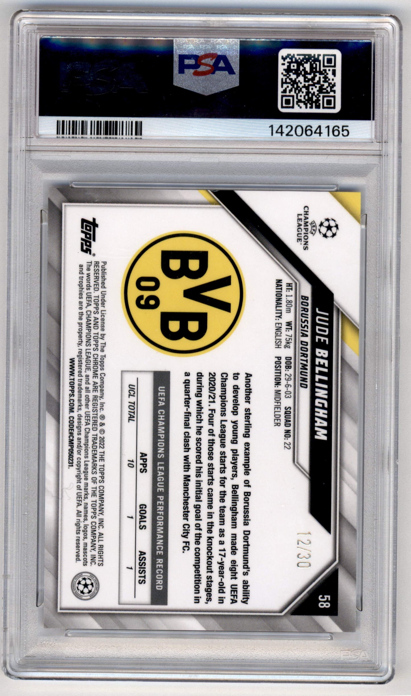 Topps Jude Bellingham 12/30 Black & Gold Starball Refractor #58 2021-22 Chrome UCL PSA 10