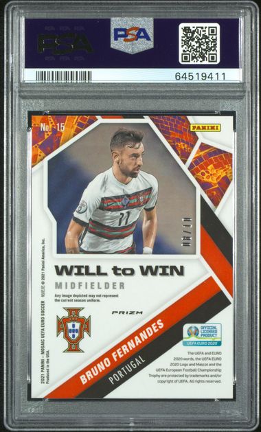 Panini Bruno Fernandes 08/10 Will To Win Gold Fluorescent #15 2021 Uefa Euro Soccer PSA 10