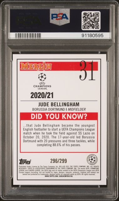 Topps Jude Bellingham 296/299 Purple Refractor RC #31 2020 Merlin Chrome UCL PSA 10