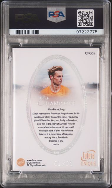 Futera Frenkie De Jong 1/1 Champions Gold 23KT Rainbow #CPG05 2024 Nostalgia PSA 8