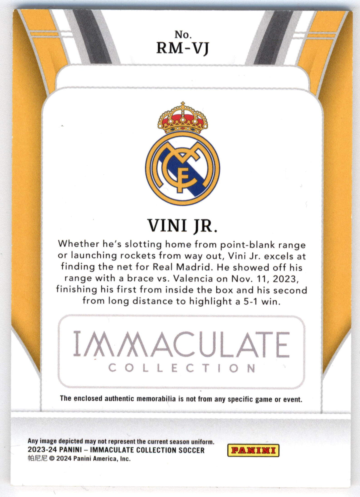 Panini Vini JR. 04/10 Remarkable Memorabilia #RM-VJ 2023-24 Immaculate Collection