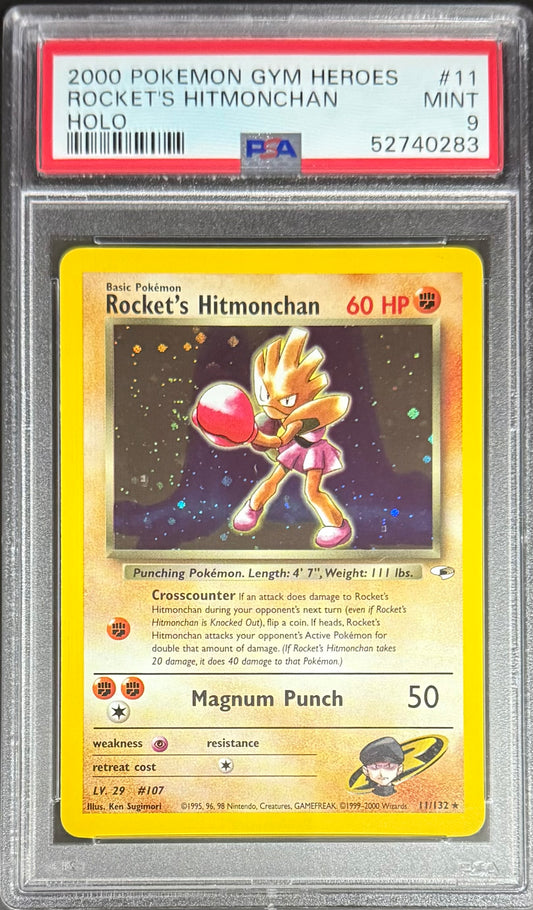 Pokemon Rocket's Hitmonchan 11/132 Holo (Swirl) Pokemon Gym Heros 2000 PSA9