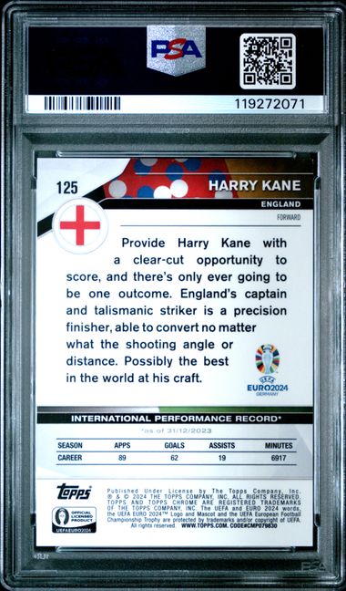 Topps Harry Kane 3/5 Red Refractor #125 2024 Chrome Uefa Euro PSA 9