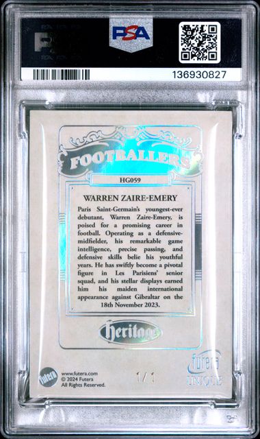 Futera Warren Zaire-Emery 1/1 Heritage Diamond #HG059 2024 Unique PSA 10