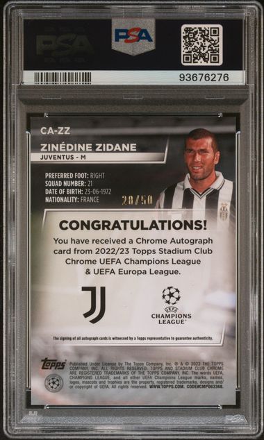 Topps Zinedine Zidane 28/50 Autograph Gold #CAZZ 2022-23 Stadium Club Chrome UCC PSA 9