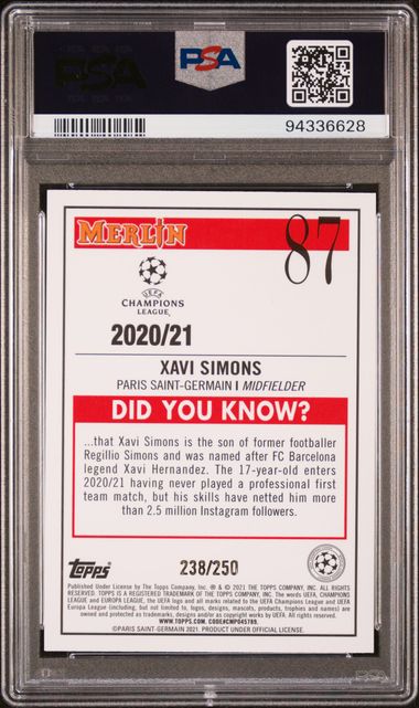 Topps Xavi Simons 238/250 Atomic Refractor RC #87 2020 Merlin Chrome UCL PSA 10