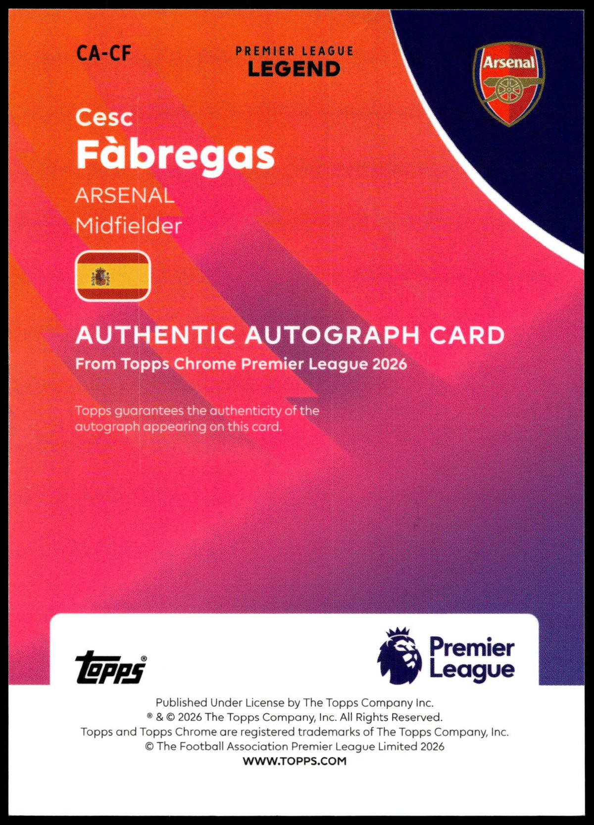 Topps Cesc Fabregas 30/50 Autograph Gold #CA-CF 2026 Chrome Premier League