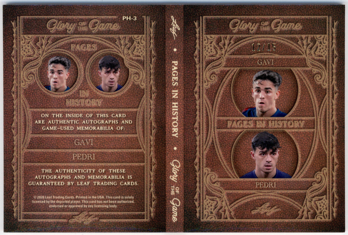 Leaf Gavi/Pedri 12/15 Dual Autograph Memorabilia Pages In History #PH-3 2026 Glory Of The Game