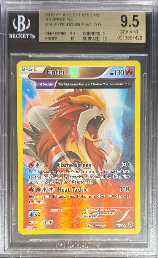 Pokemon Entei 15/98 Double Foil Reverse Holo Pokemon XY Ancient Origins 2015 Beckett BGS 9.5