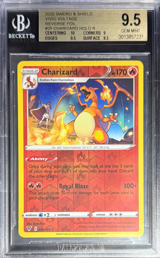 Pokemon Charizard 25/185 Reverse Foil Pokemon Sword & Shield Vivid Voltage 2020 Beckett BGS 9.5