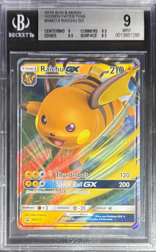 Pokemon Raichu GX SM213 Pokemon Sun & Moon Hidden Fates Tins 2019 Beckett BGS 9