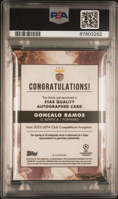 Topps Goncalo Ramos Rainbow Set Gold 1/1 PSA9,Orange /5 PSA9 ,Red /10 PSA10 ,Purple /25 PSA10 ,Blue /49 PSA10 ,Green /99 PSA10, Star Quality Autograph Card Inception UCC 2022-23
