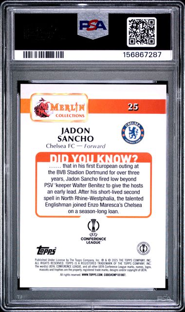 Topps Jadon Sancho 11/15 Purple Refractor #25 2024-25 Merlin UCC PSA 10