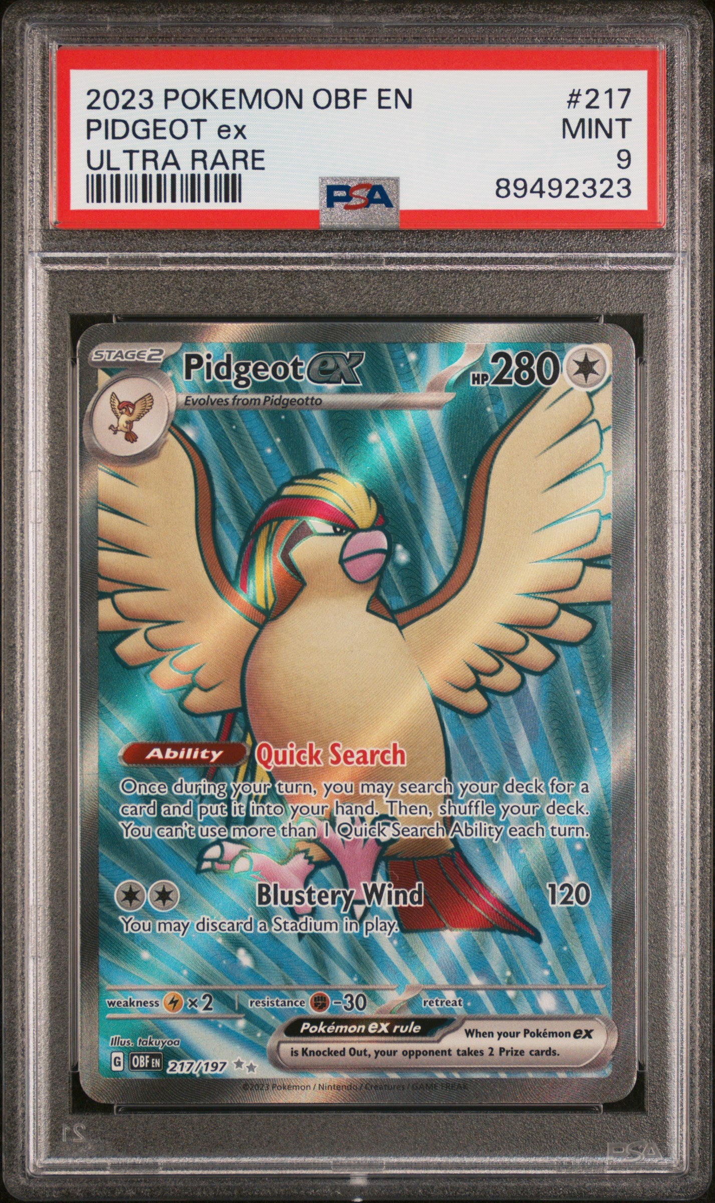 Pokemon Pidgeot EX 217/197 Ultra Rare Pokemon Obsidian Flames 2023 PSA9