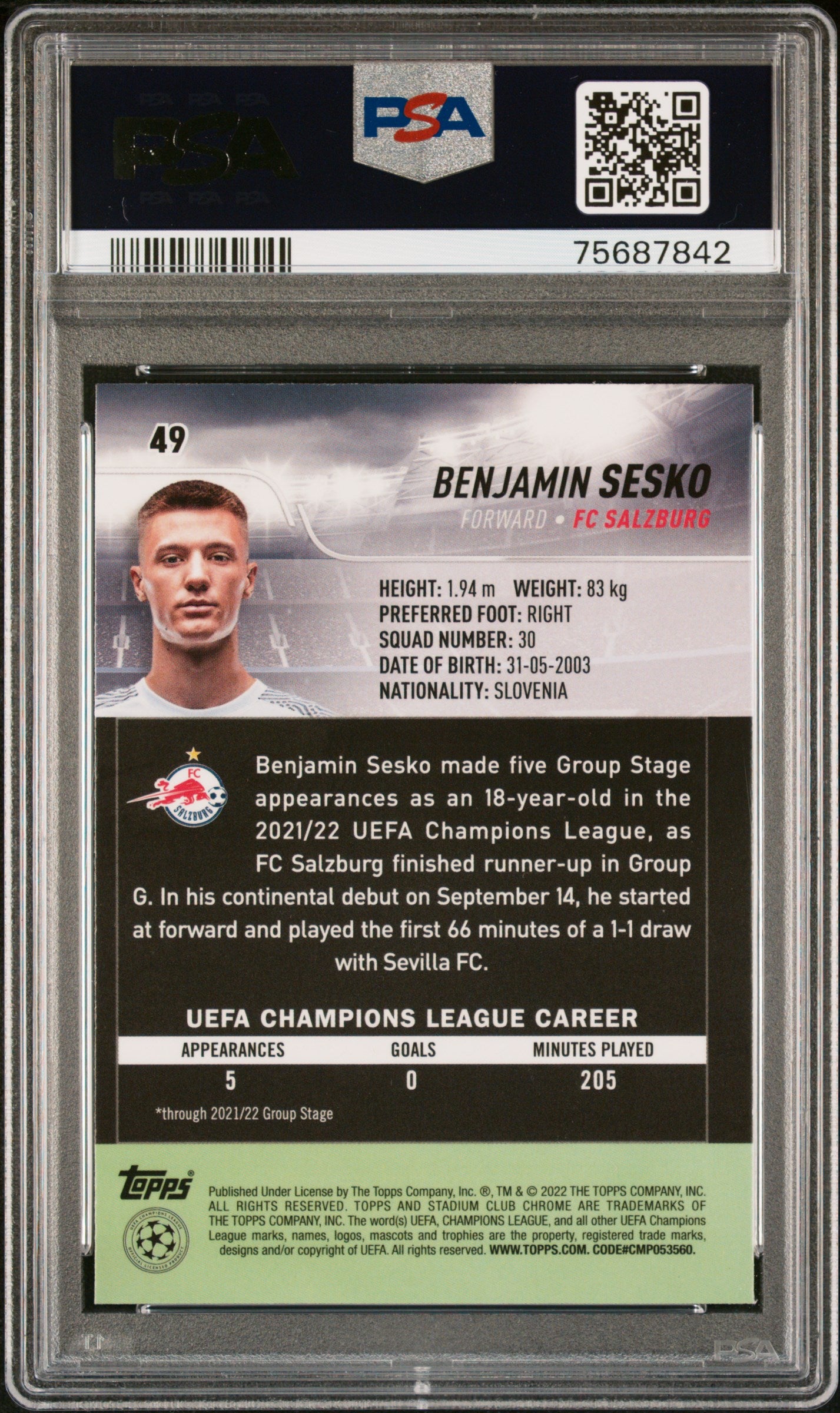 Topps Benjamin Sesko Pink/Red Electric Charge Card Stadium Club Competition 2021-22 #49 PSA9