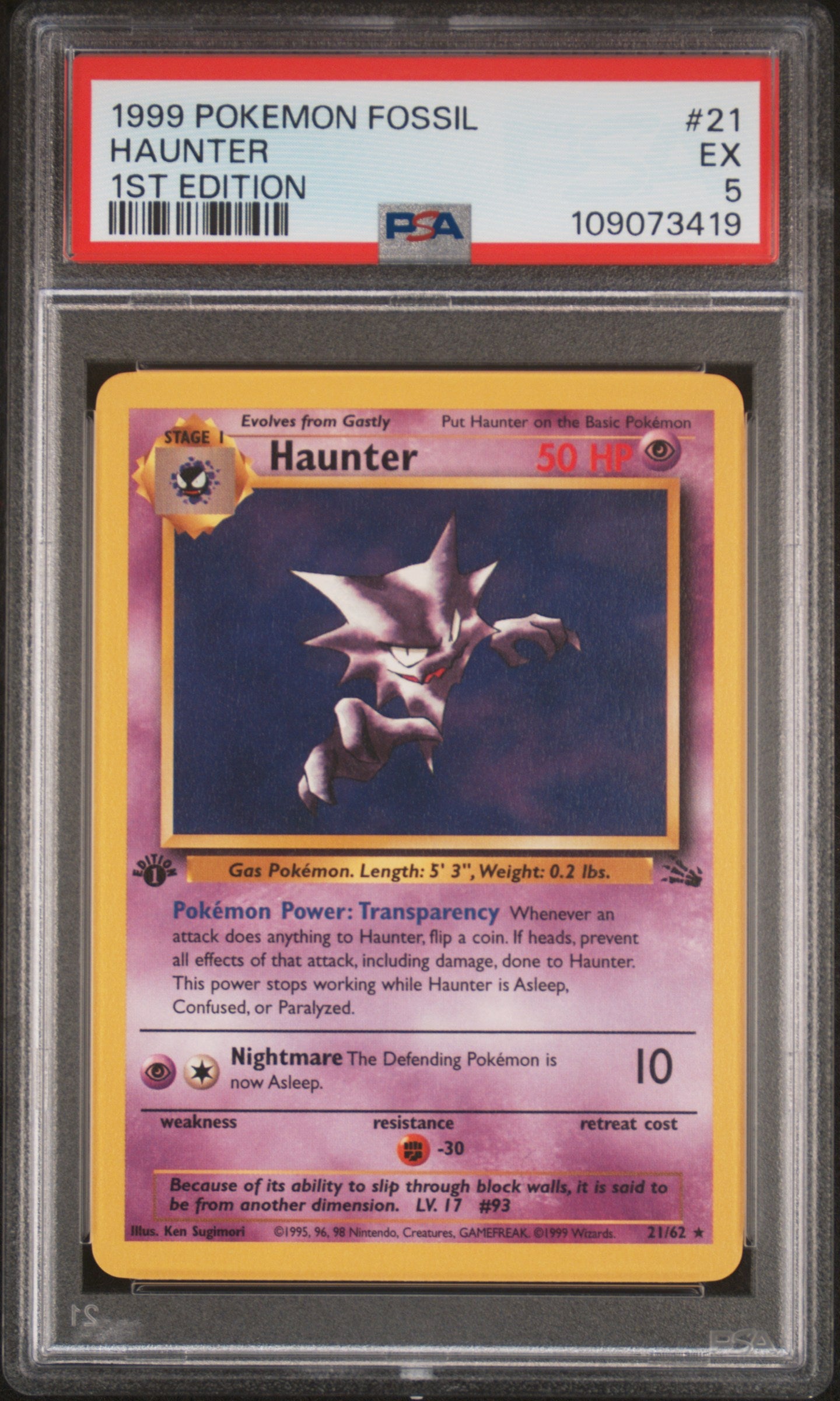 Pokemon Haunter 21/62 Pokemon Fossil 1ST Edition 1999 PSA5
