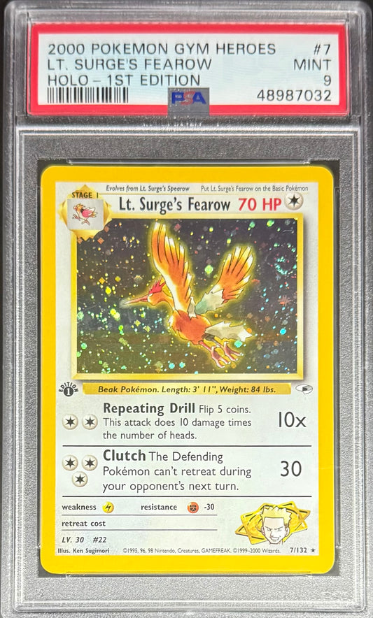Pokemon LT Surge's Fearow 7/132 Holo (Swirl) Pokemon Gym Heros 1ST Edition 2000 PSA9