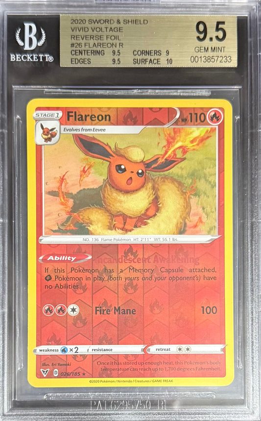 Pokemon Flareon R 26/185 Reverse Foil Pokemon Sword & Shield Vivid Voltage 2020 Beckett BGS 9.5