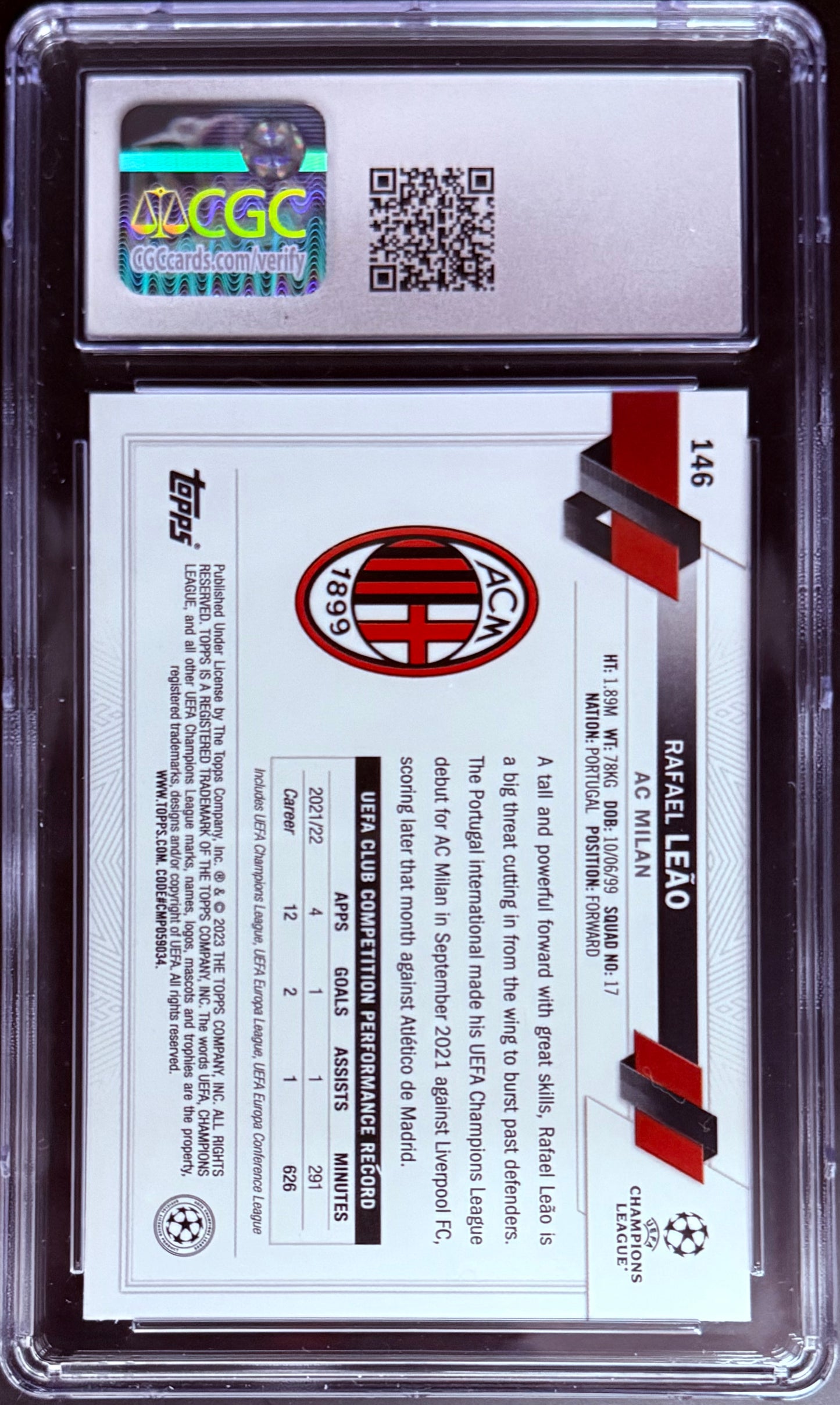 Topps Rafael Leao Base Card UEFA Club Competitions 2022-23 #146 CGC10