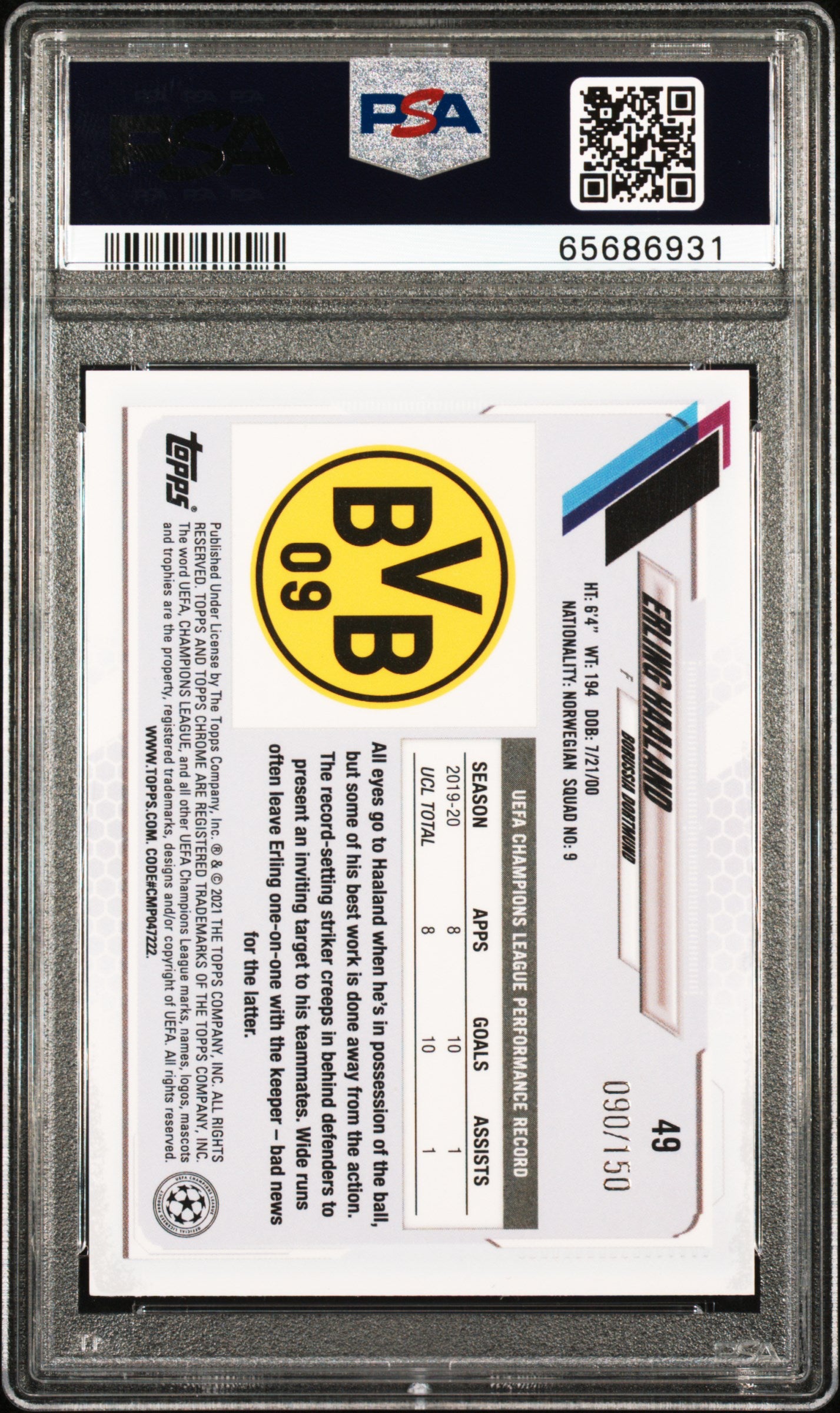 Topps Erling Haaland Aqua SP Refractor /150 Chrome UCL Sapphire 2020-21 #49 PSA10