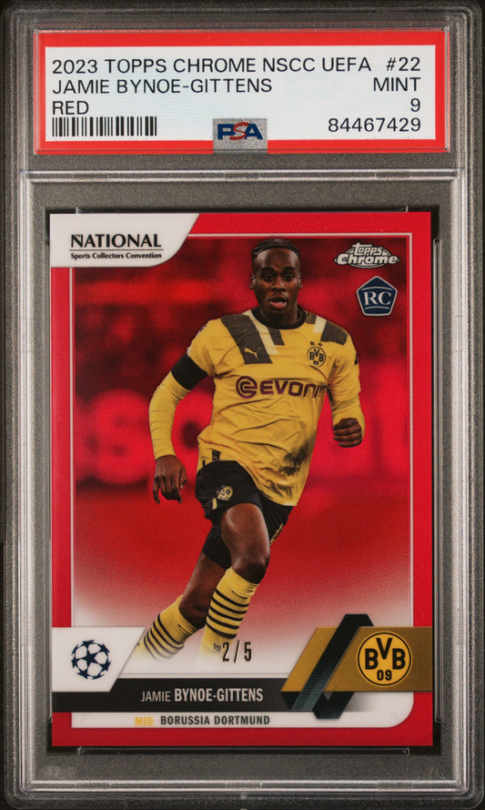 Topps Jamie Bynoe-Gittens Red Refractor /5 Chrome NSCC UEFA 2023 #22 PSA9
