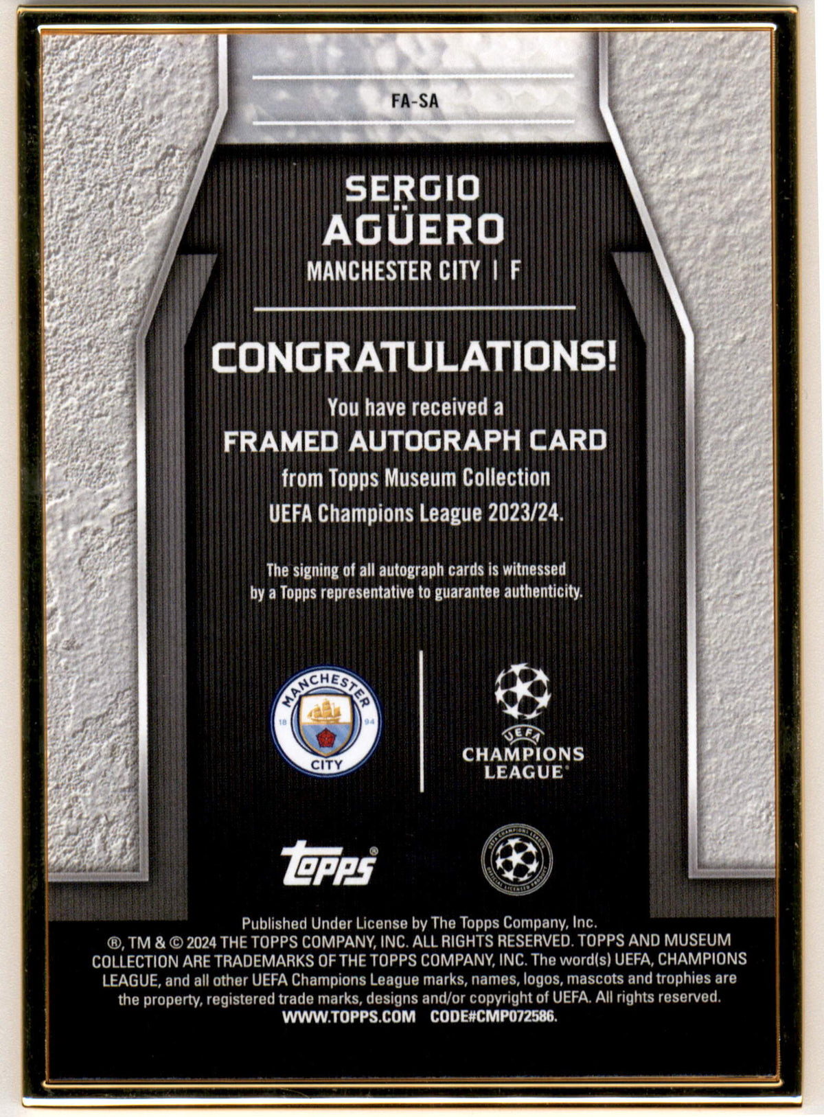 Topps Sergio Aguero 08/10 Framed Autograph #FA-SA 2023-24 Museum Collection Uefa Champions League