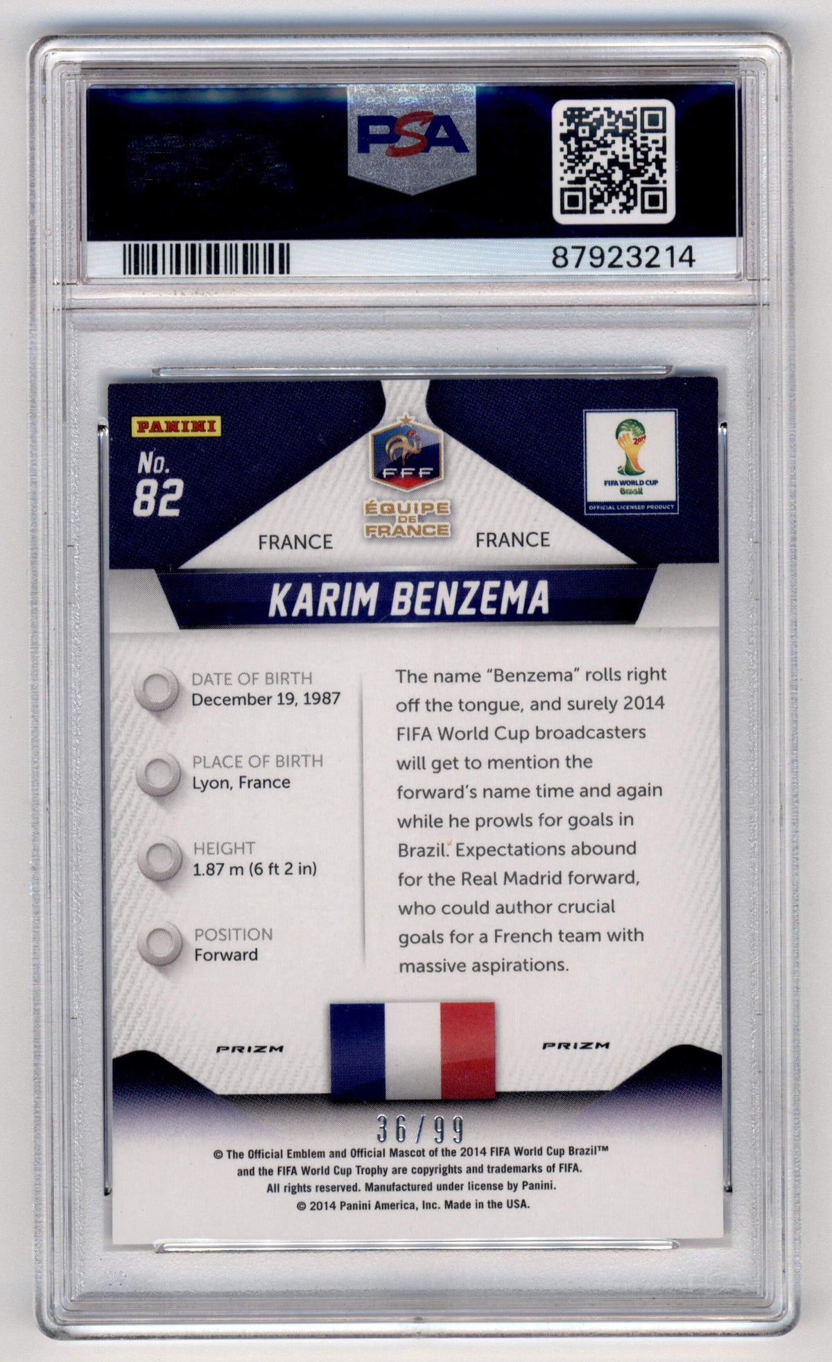 Panini Karim Benzema 36/99 Purple Prizm #82 2014 Prizm World Cup PSA 9