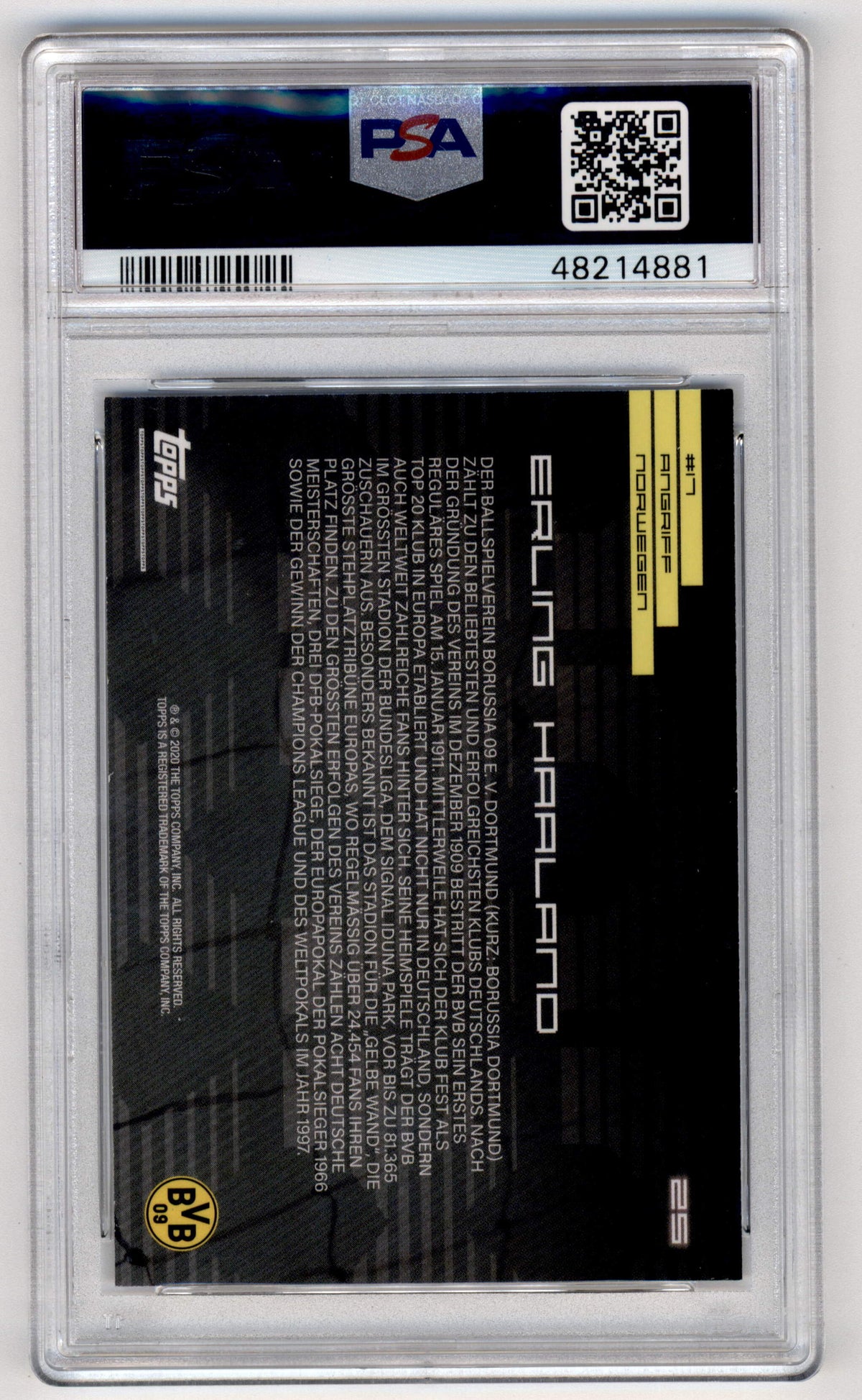 Topps Erling Haaland #25 2020 Topps X BVB Borussia Dortmund PSA 10