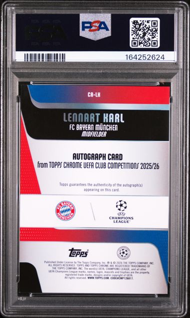 Topps Lennart Karl 69/99 Autograph Green Refractor #LK 25-2026 Topps Chrome Uefa Club Competitions PSA 10