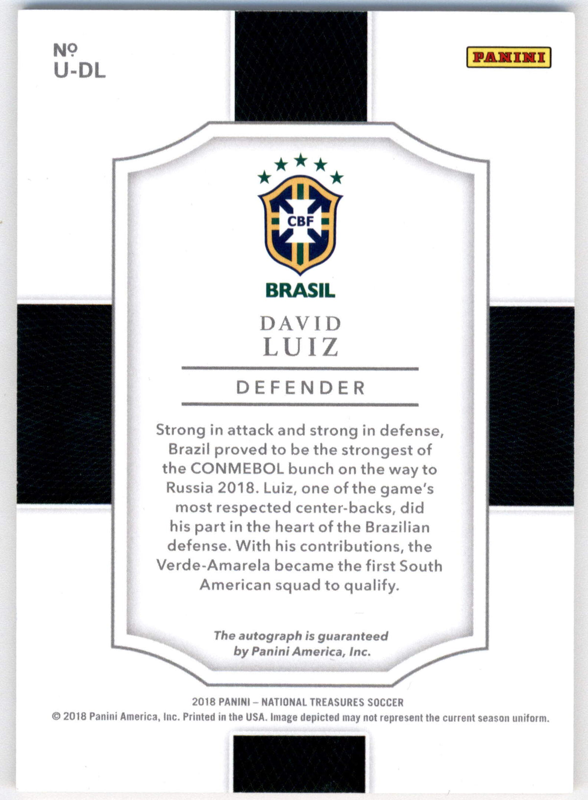 Panini David Luiz 37/50 On Card Autograph Unparalleled #U-DL 2018 National Treasures Soccer