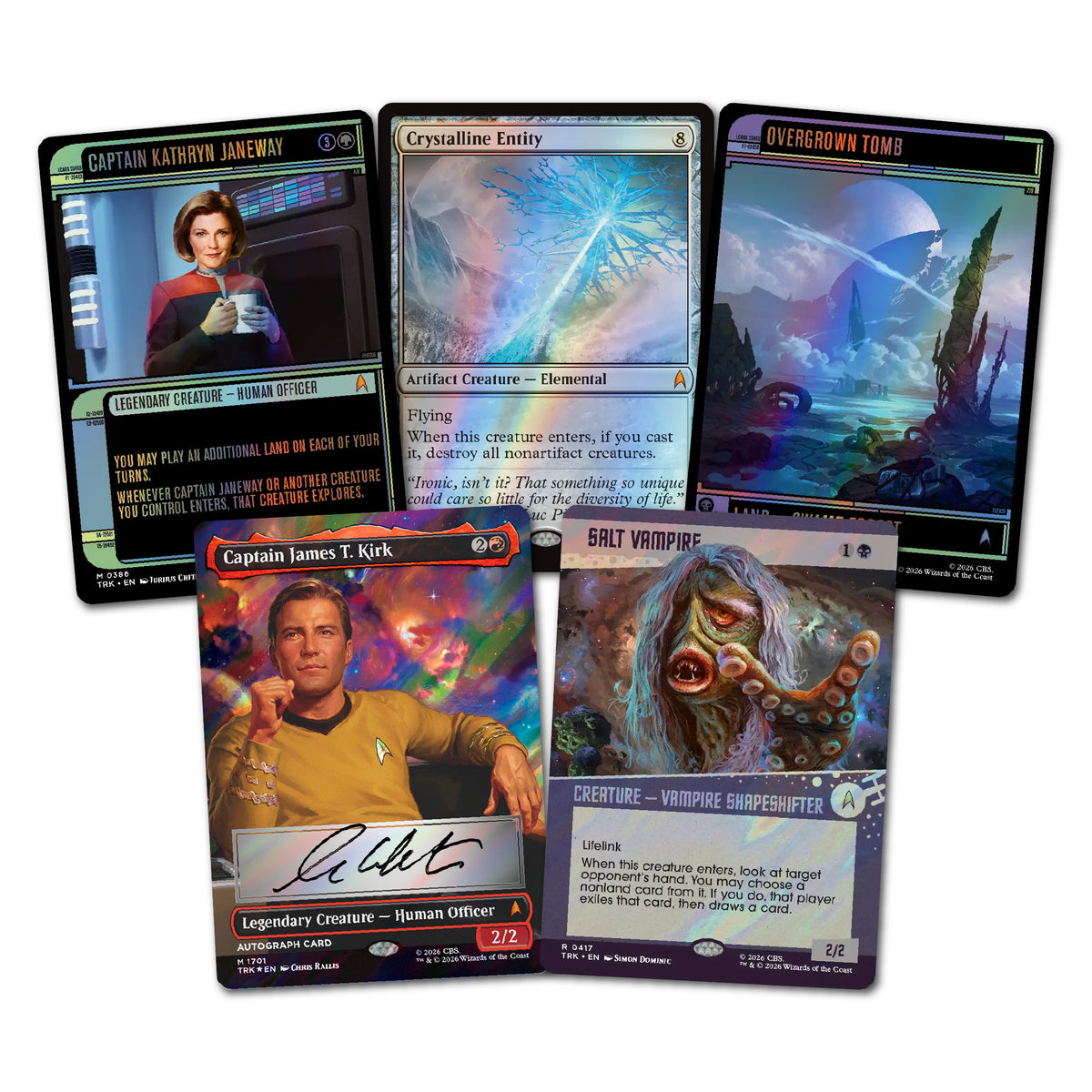 A set of Star Trek trading cards arranged on a white background, including Captain Kathryn Janeway, Crystalline Entity, Overgrown Tomb, Captain James T. Kirk, and a Salt Vampire card with an autograph.