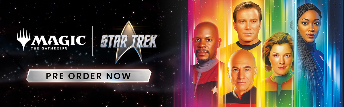 MTG Star Trek pre-order header banner with Sisko, Kirk, Picard, Janeway and Burnham
