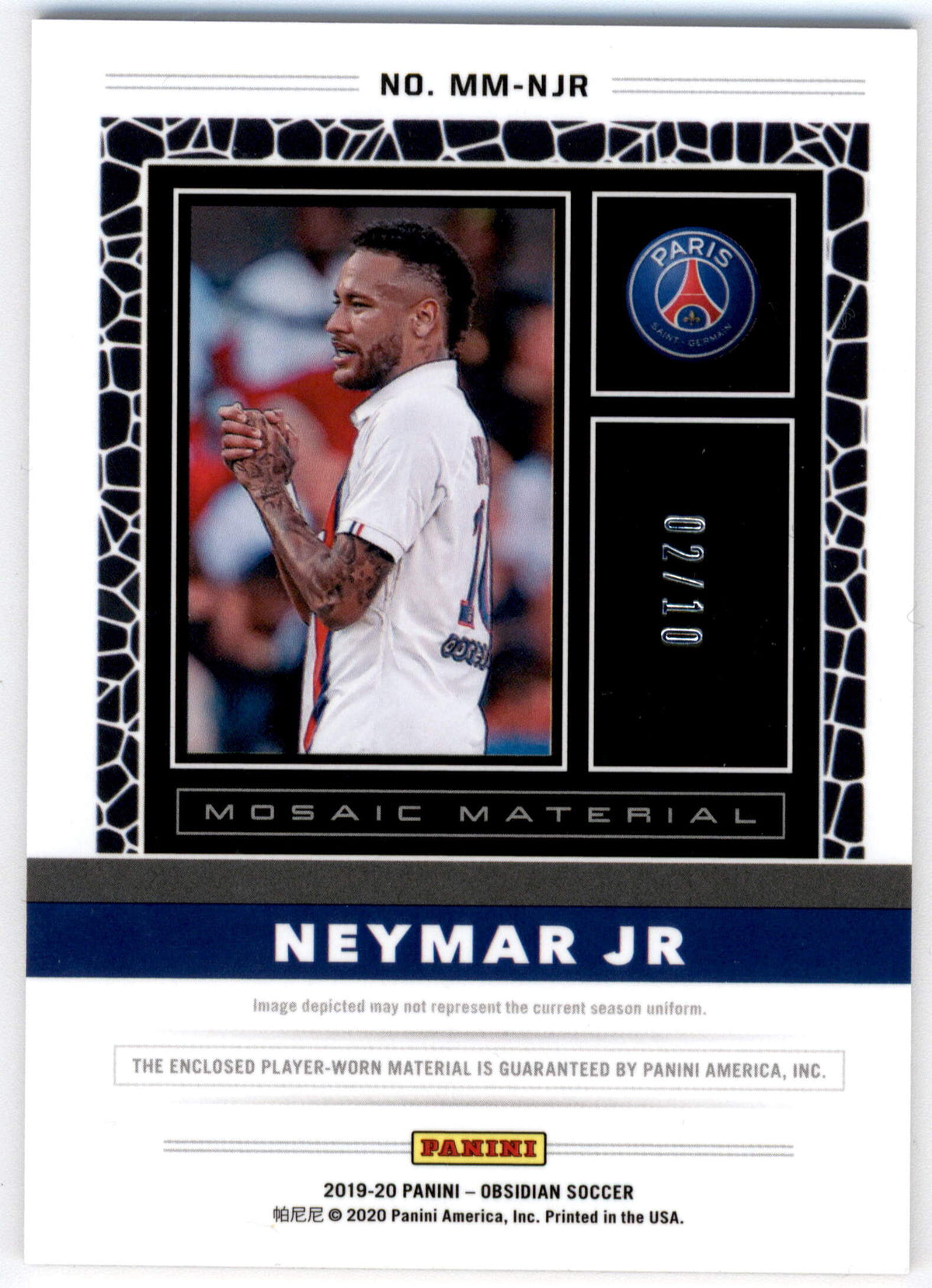 Panini Neymar 02/10 Mosaic Material #MM-JNR 2019-20 Obsidian Soccer