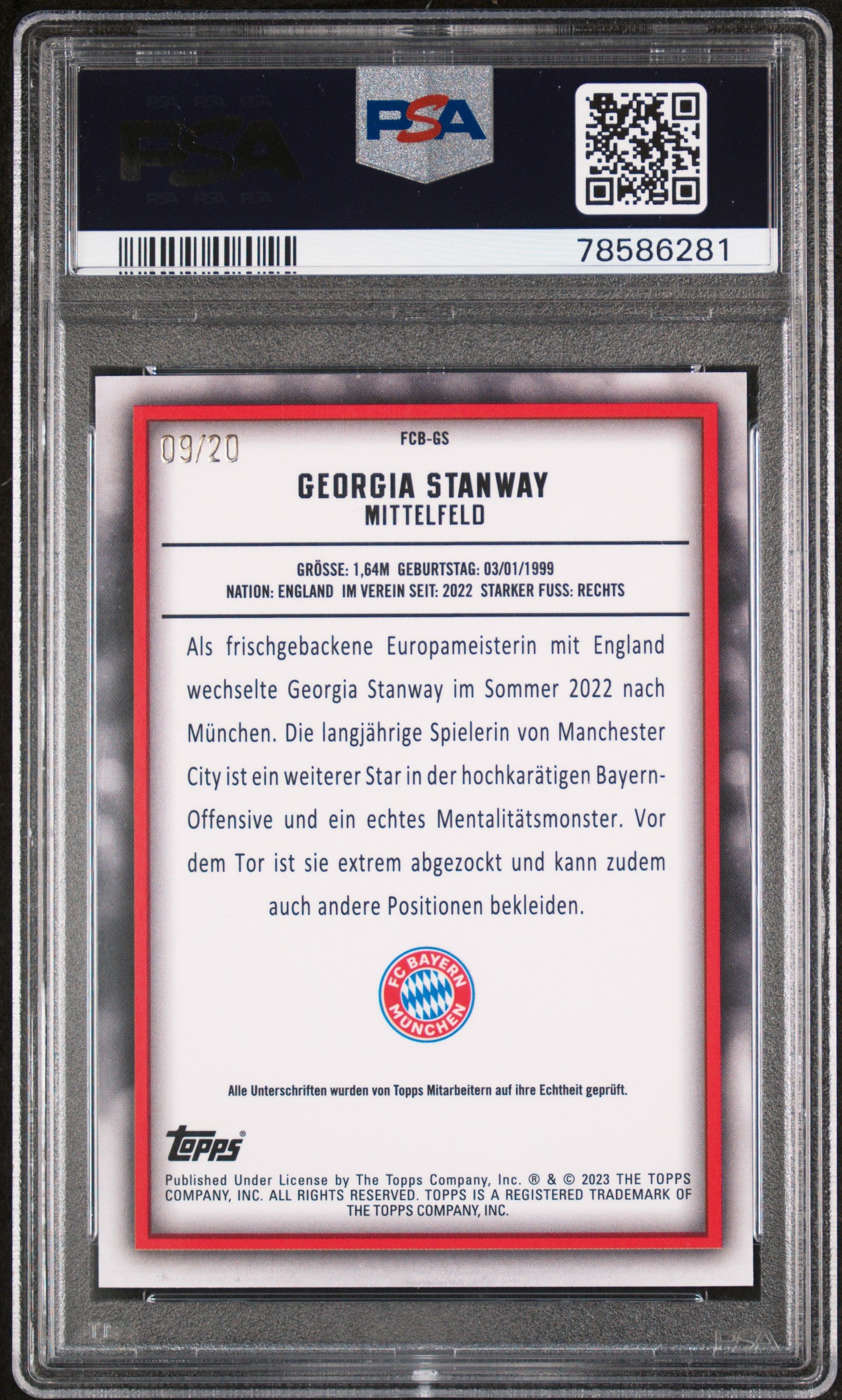 Topps Georgia Stanway Green Autograph Card /20 FC Bayern Munich Team Set 2022-23 PSA9
