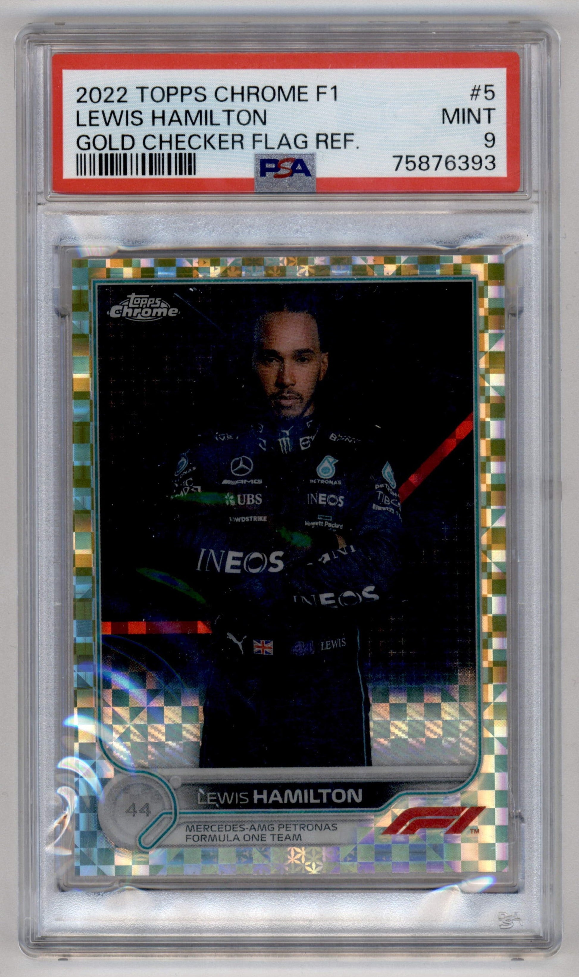 Topps Lewis Hamilton Gold Checker Flag Refractor /50 Chrome F1 2022 #5 Psa9