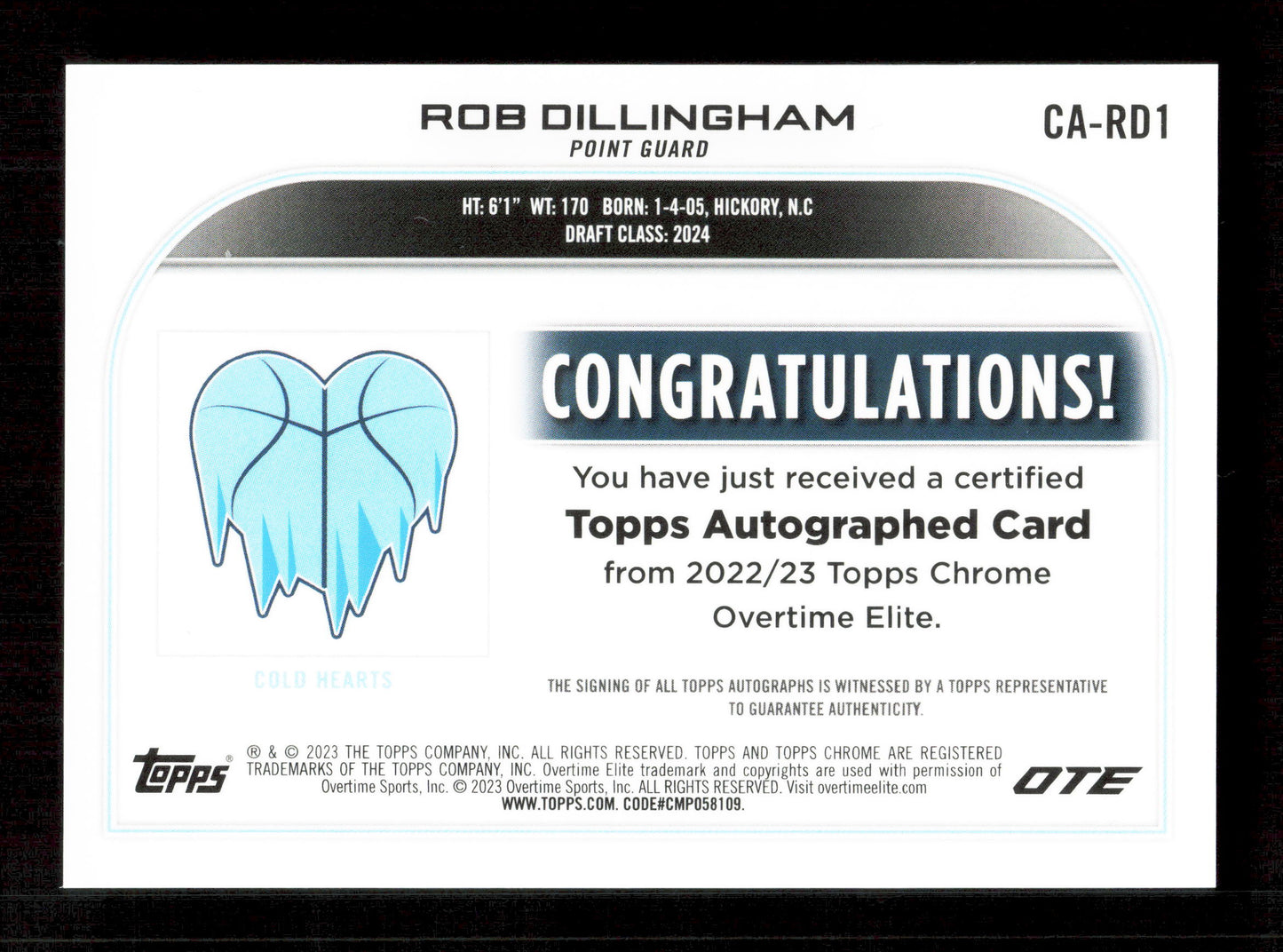 Topps Rob Dillingham Gold Wave Autograph Card /50 Overtime Elite Basketball 2022-23