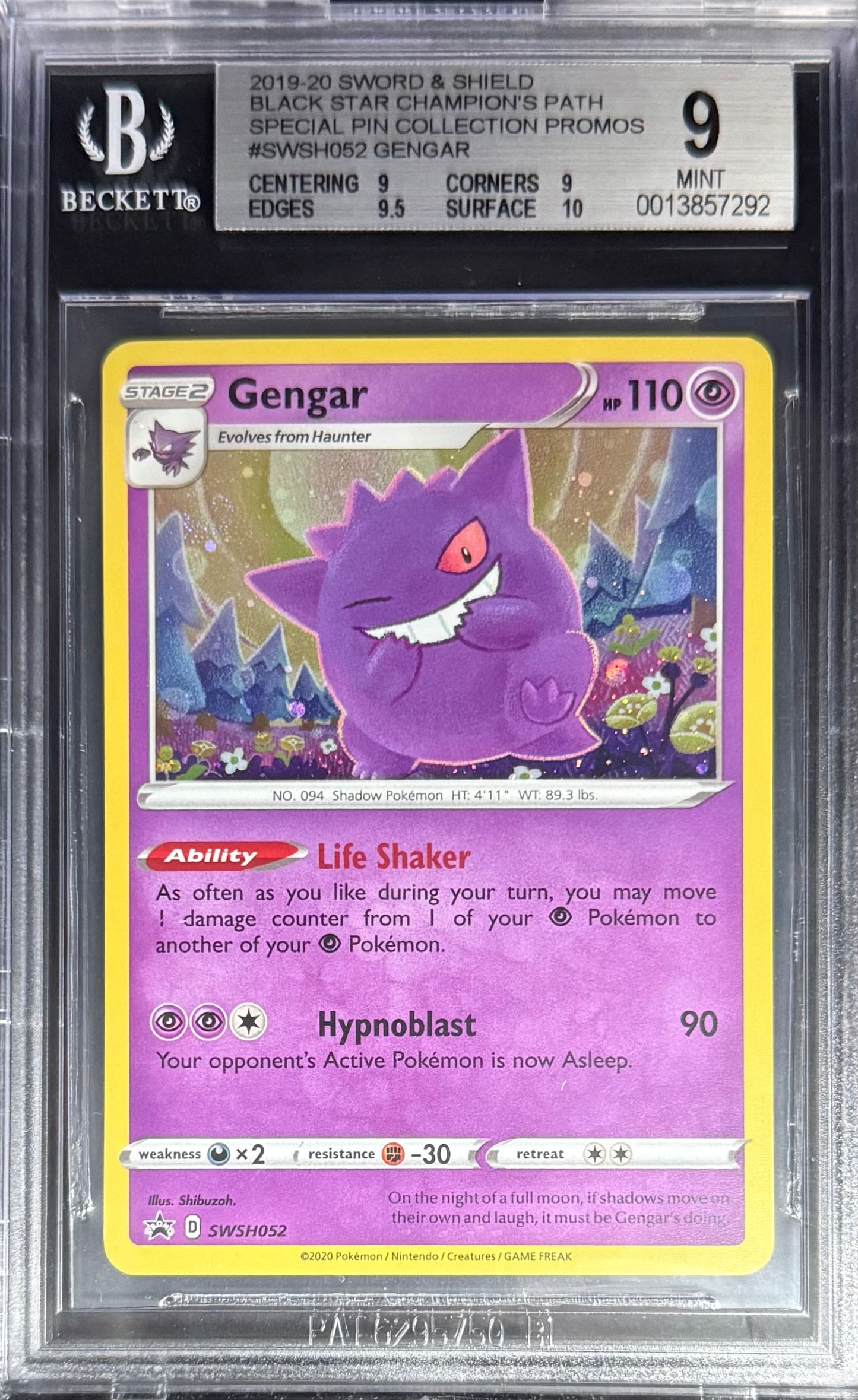Pokemon Gengar SWSH052 (Swirl) Pokemon Sword & Shield Black Star Champion's Path Promo 2019-20 Beckett BGS 9