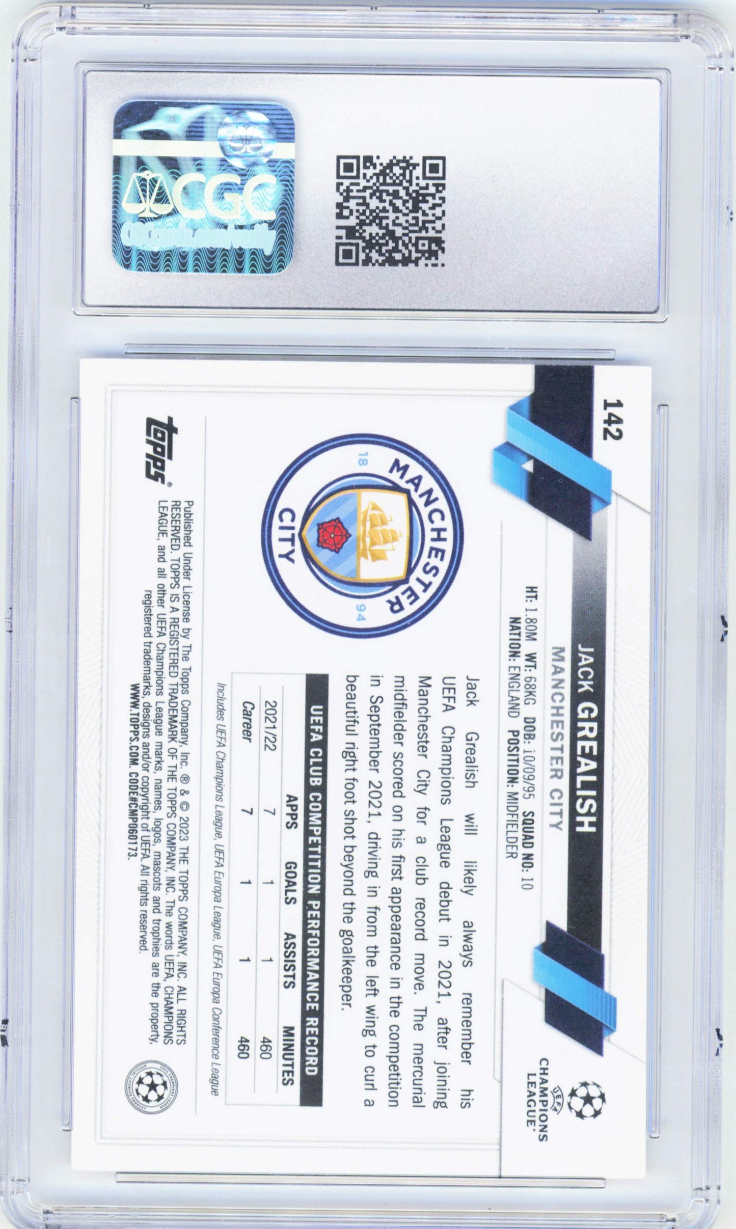 Topps Jack Grealish Base Card Chrome UEFA Club Competitions 2022-23 #142 CGC10