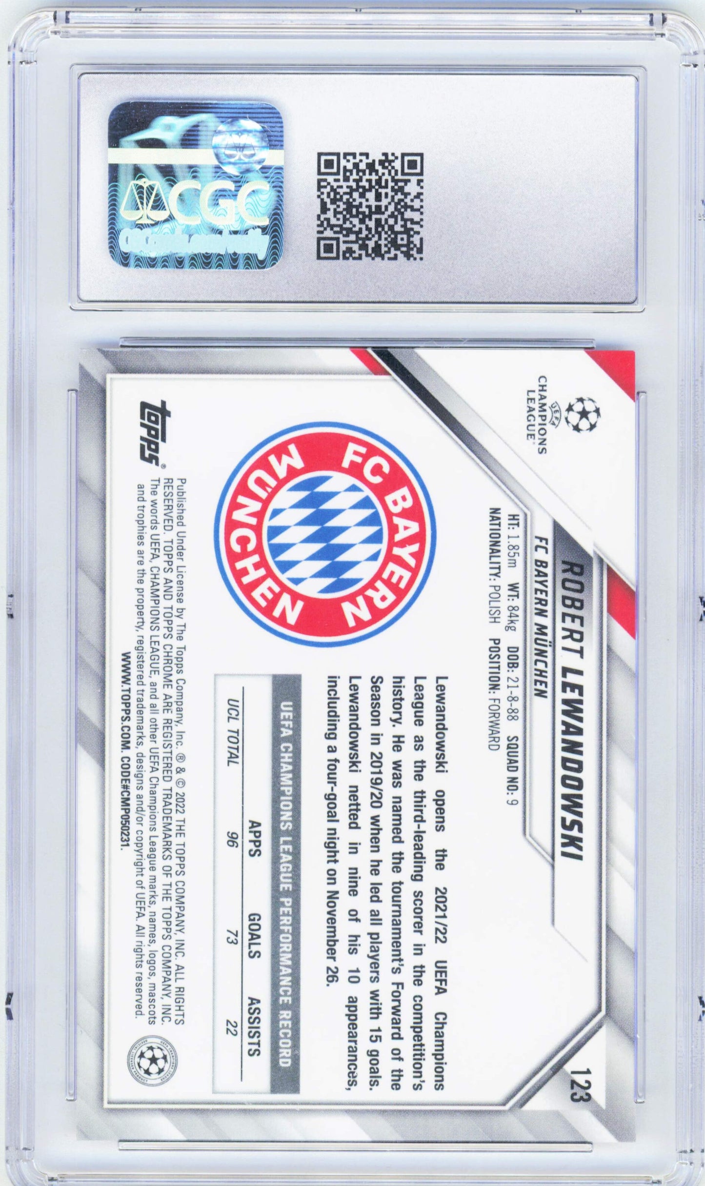 Topps Robert Lewandowski Base Card Chrome UEFA Club Competitions 2022-23 #123 CGC9