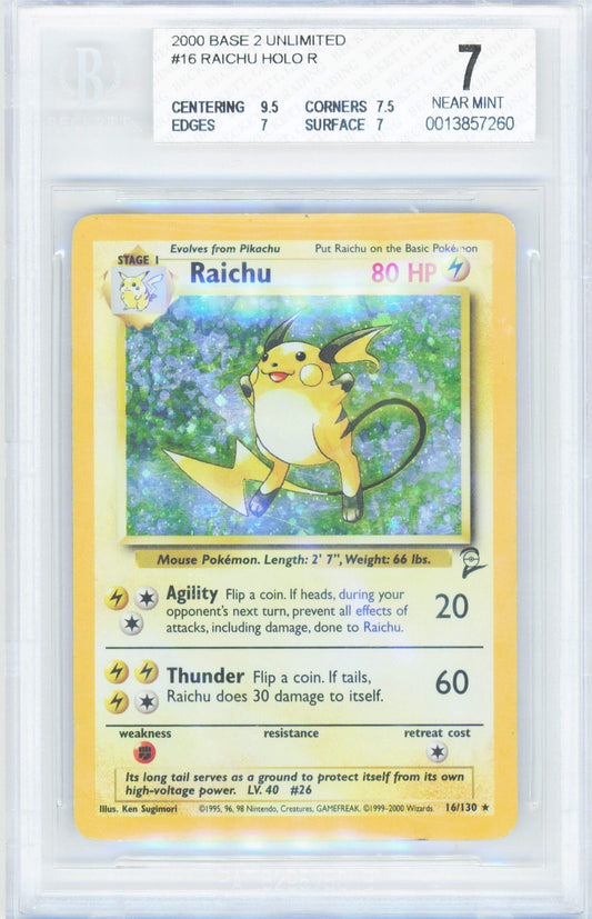 Pokemon Raichu 16/130 Holo Pokemon Base 2 Unlimited 2000 BGS 7