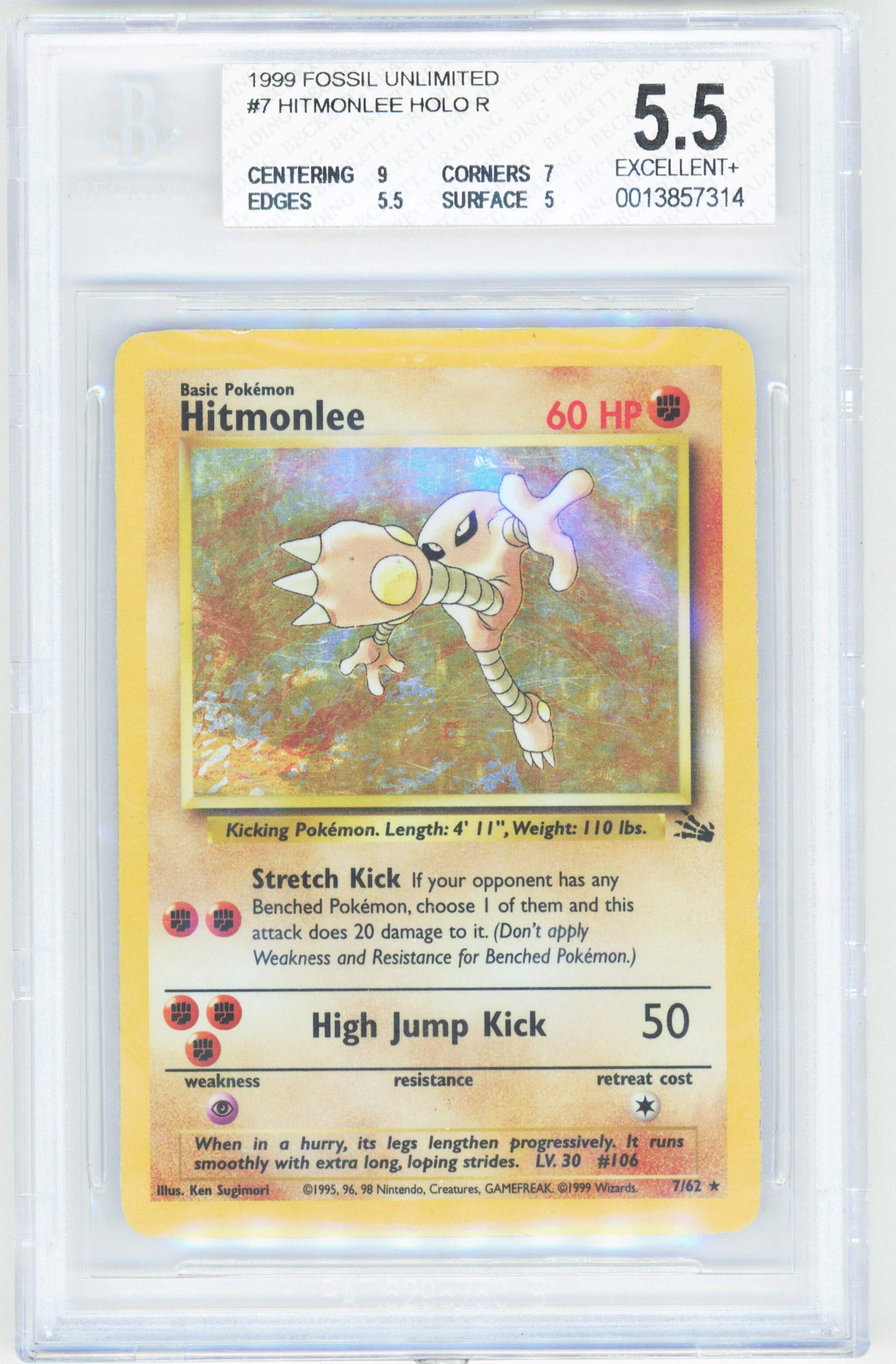 Pokemon Hitmonlee 7/62 Holo Pokemon Fossil Unlimited 1999 Beckett BGS